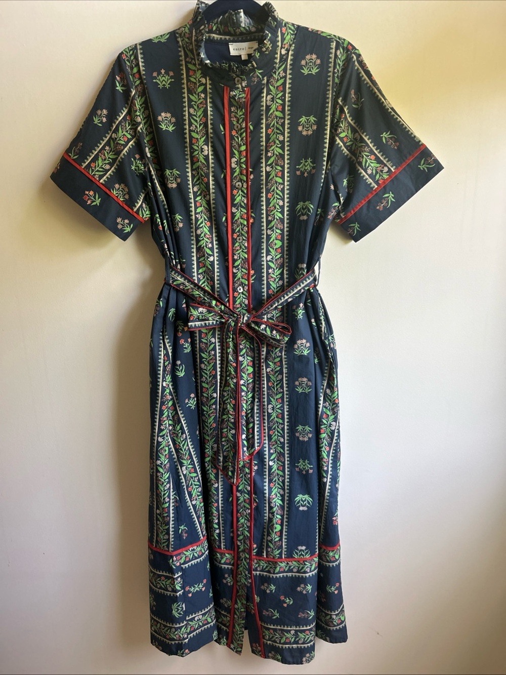 entro Navy Floral-Print Midi Shirt Dress with Red Trim